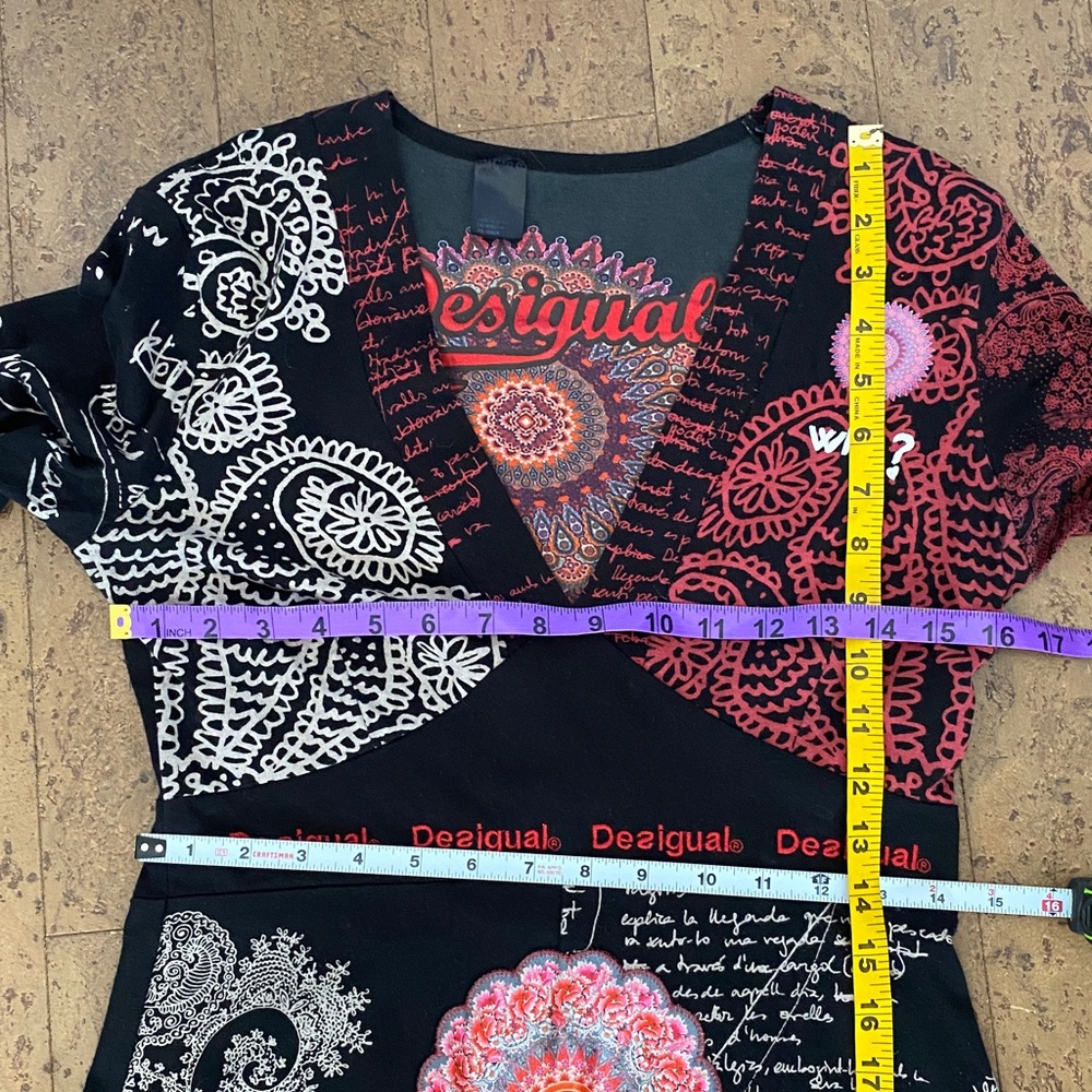 Desigual Black and Red Artistic Long Sleeve Dress Fit & Flare Midi V-Neck Med - Picture 14 of 17